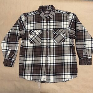Moose Creek Mens Flannel Shirt L Brown White Plaid Cotton Long Sleeve Button Up